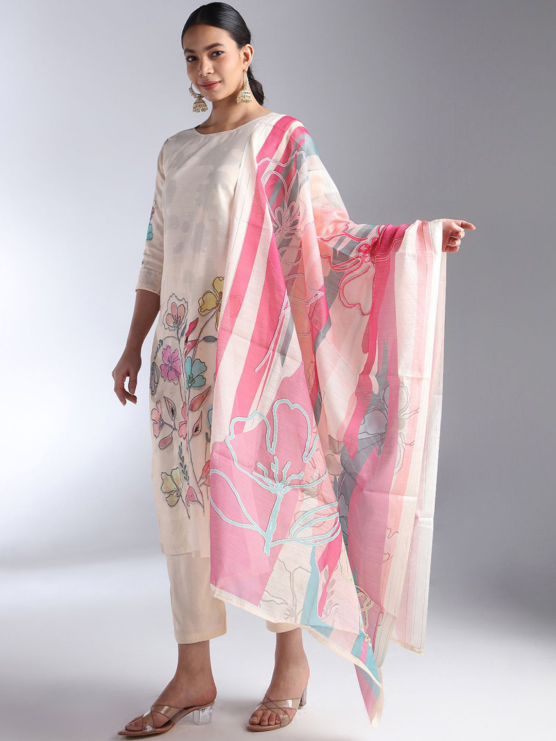 

House Of Dharaa Women Floral Printed Regular Chanderi Silk Kurta with Trousers & With Dupatta, Off white