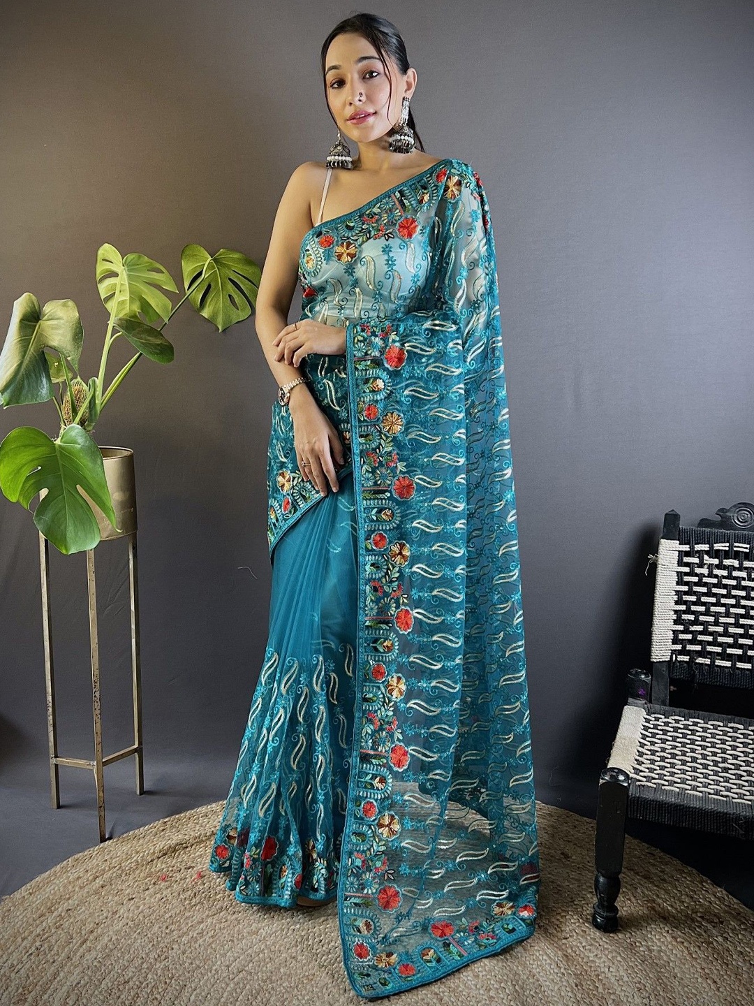 

Panzora Floral Embroidered Net Designer Saree, Teal