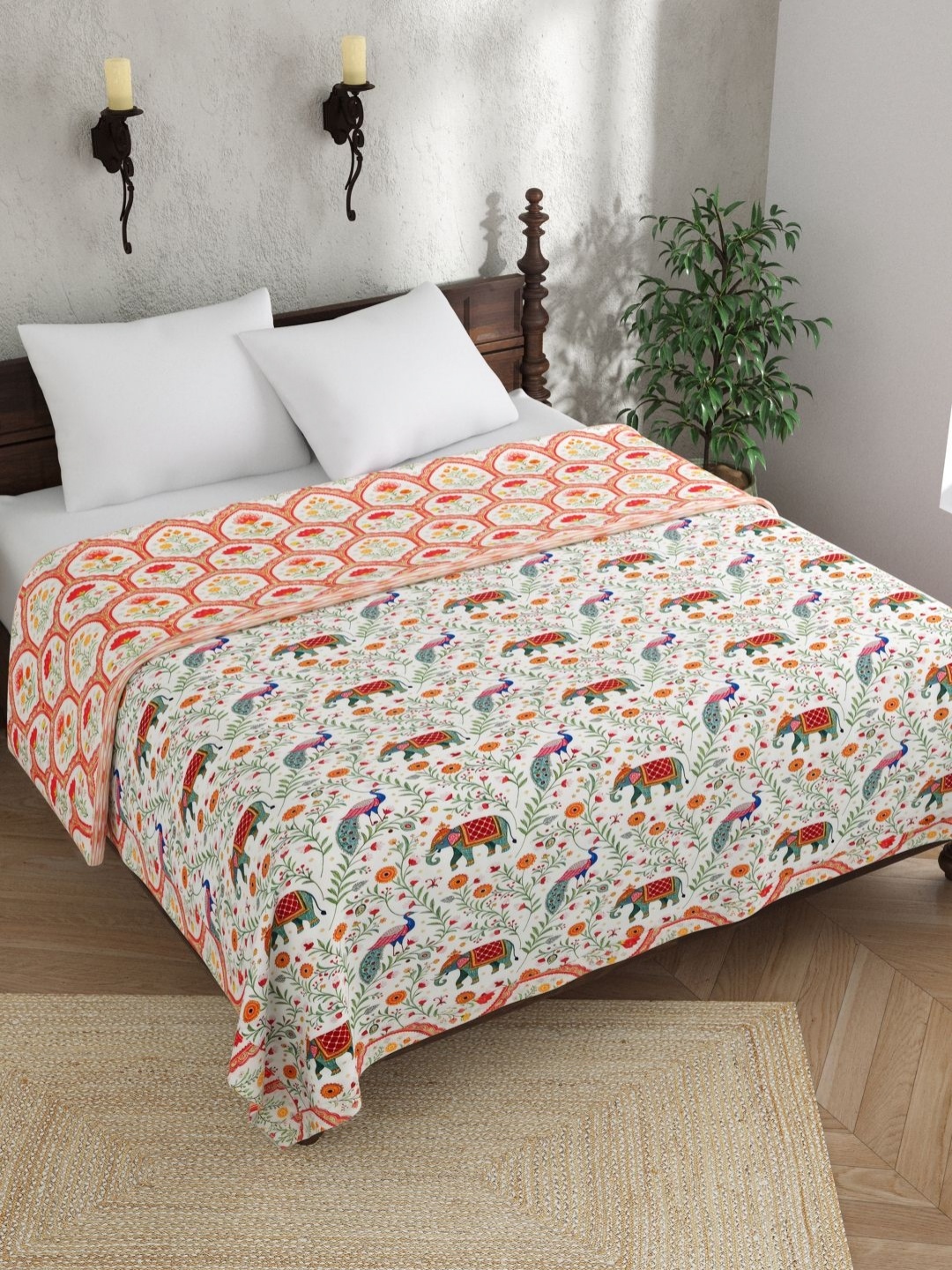 

EverHOME White & Green Ethnic Motifs AC Room 150 GSM Double Bed Dohar