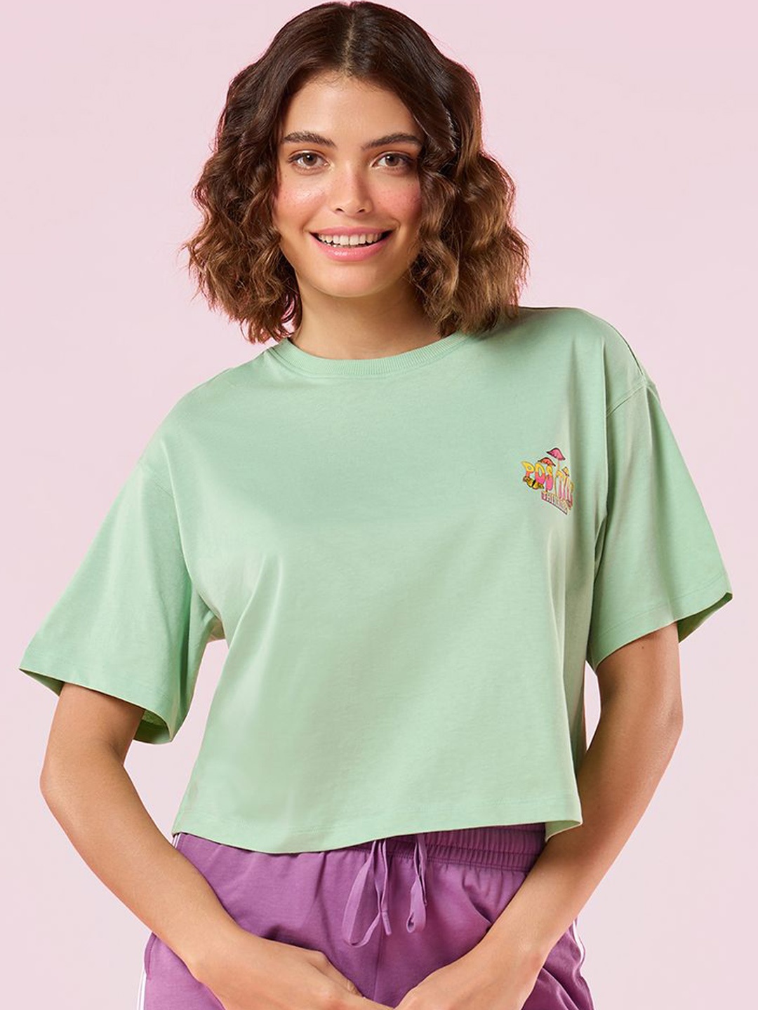 

Enamor Graphic Printed Pure Cotton Oversized Fit Crew Neck Lounge T-Shirt, Green