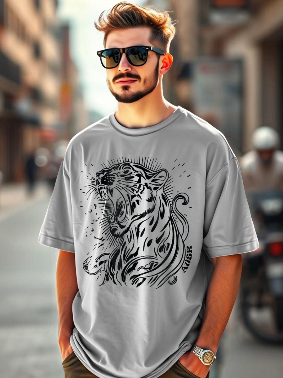 

AUSK Men Printed Drop-Shoulder Sleeves Raw Edge T-shirt, Grey