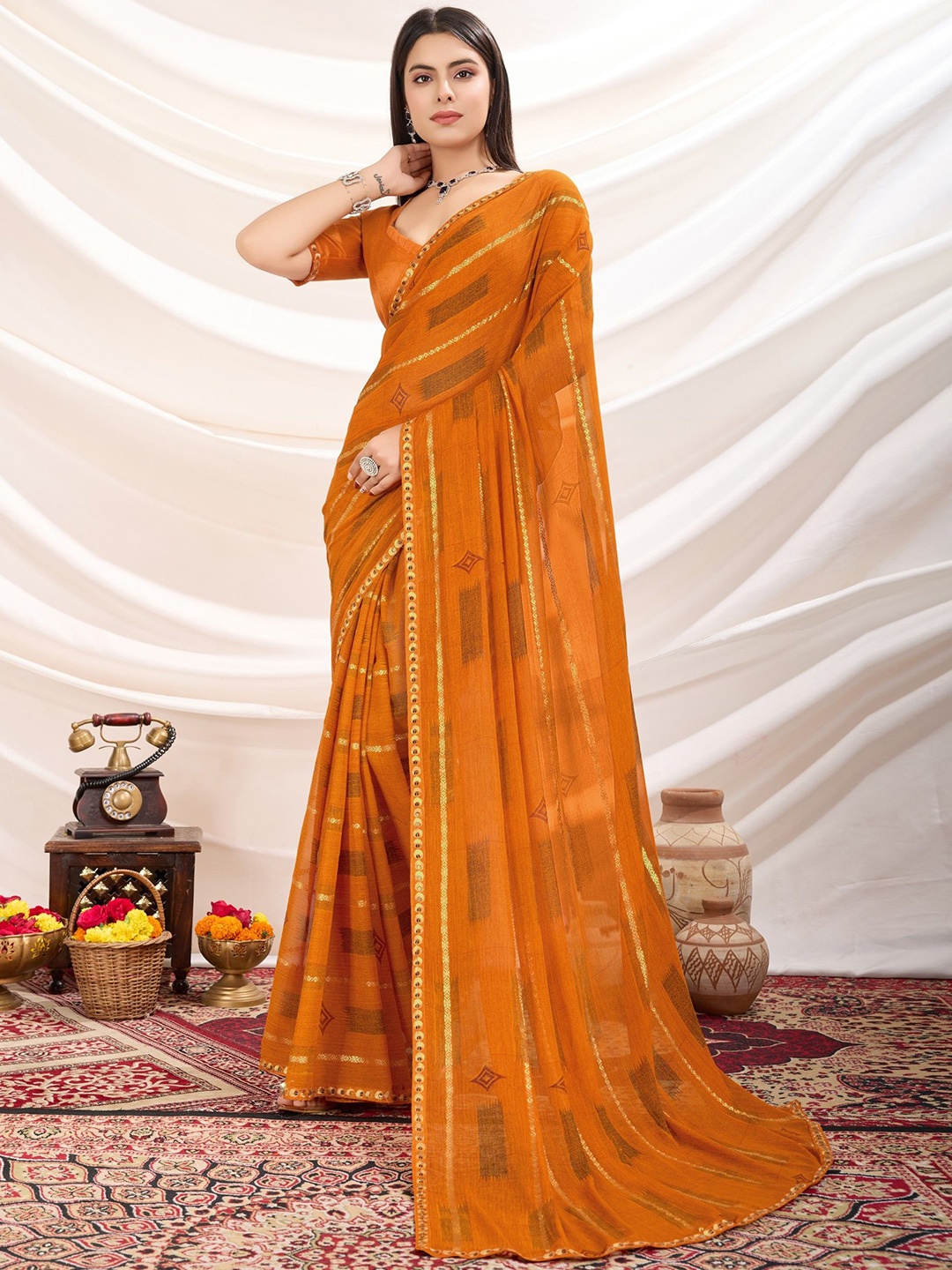 

Panzora Embellished Zari Poly Georgette Saree, Orange