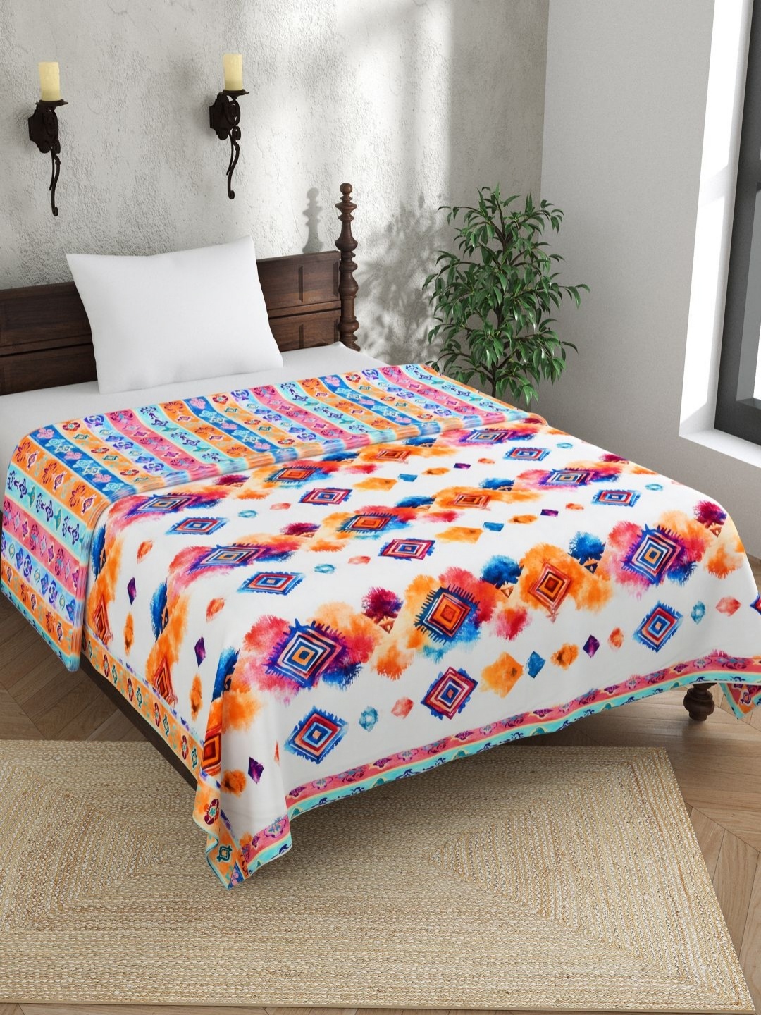 

EverHOME Multicoloured Ethnic Motifs AC Room 150 GSM Single Bed Dohar, White