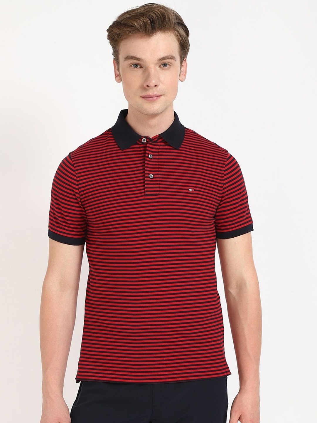 

Tommy Hilfiger Men Striped Polo Collar Slim Fit T-shirt, Red