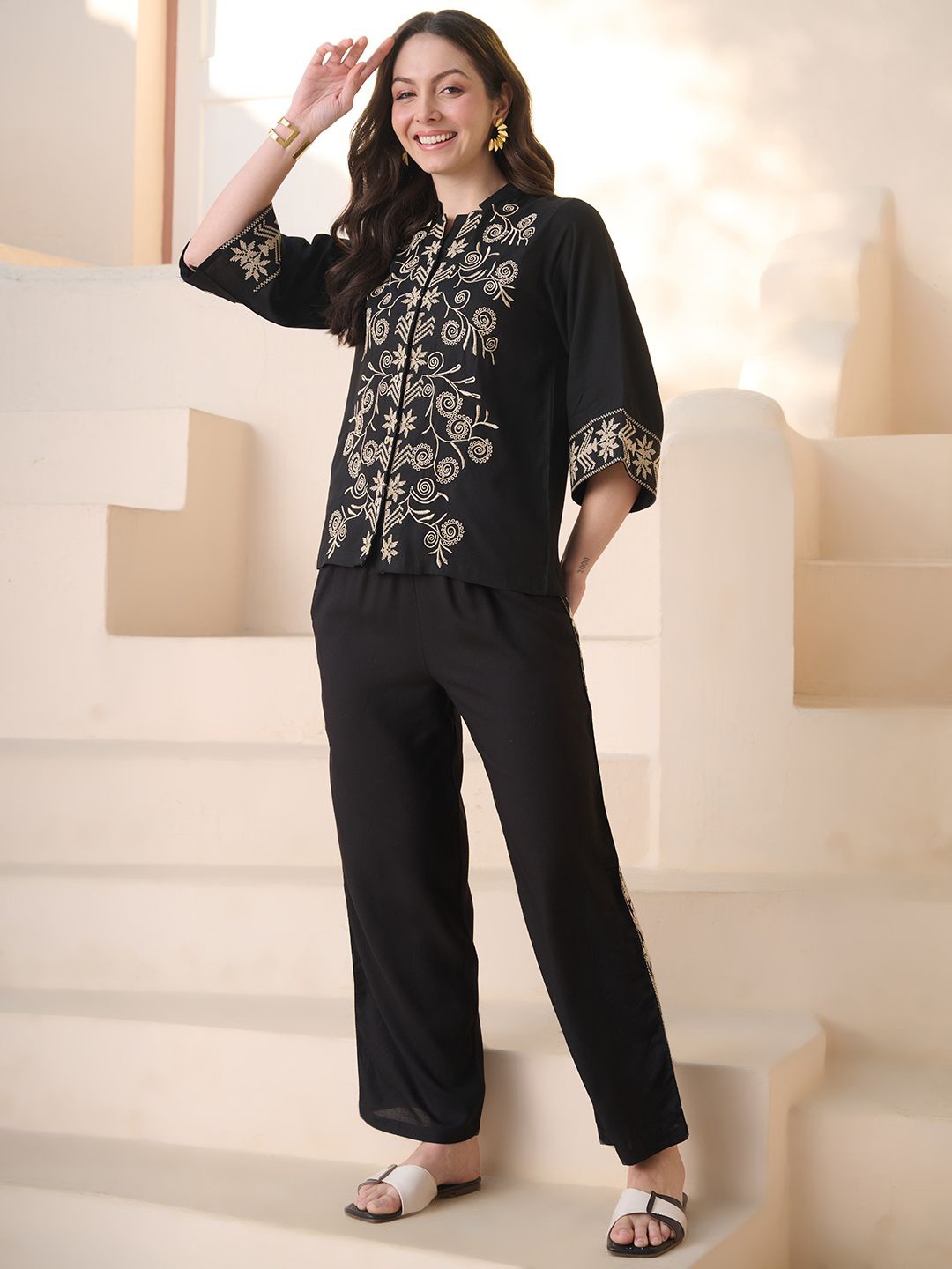 

Stylum Embroidered Mandarin Collar Shirt With Trousers Co-Ords, Black