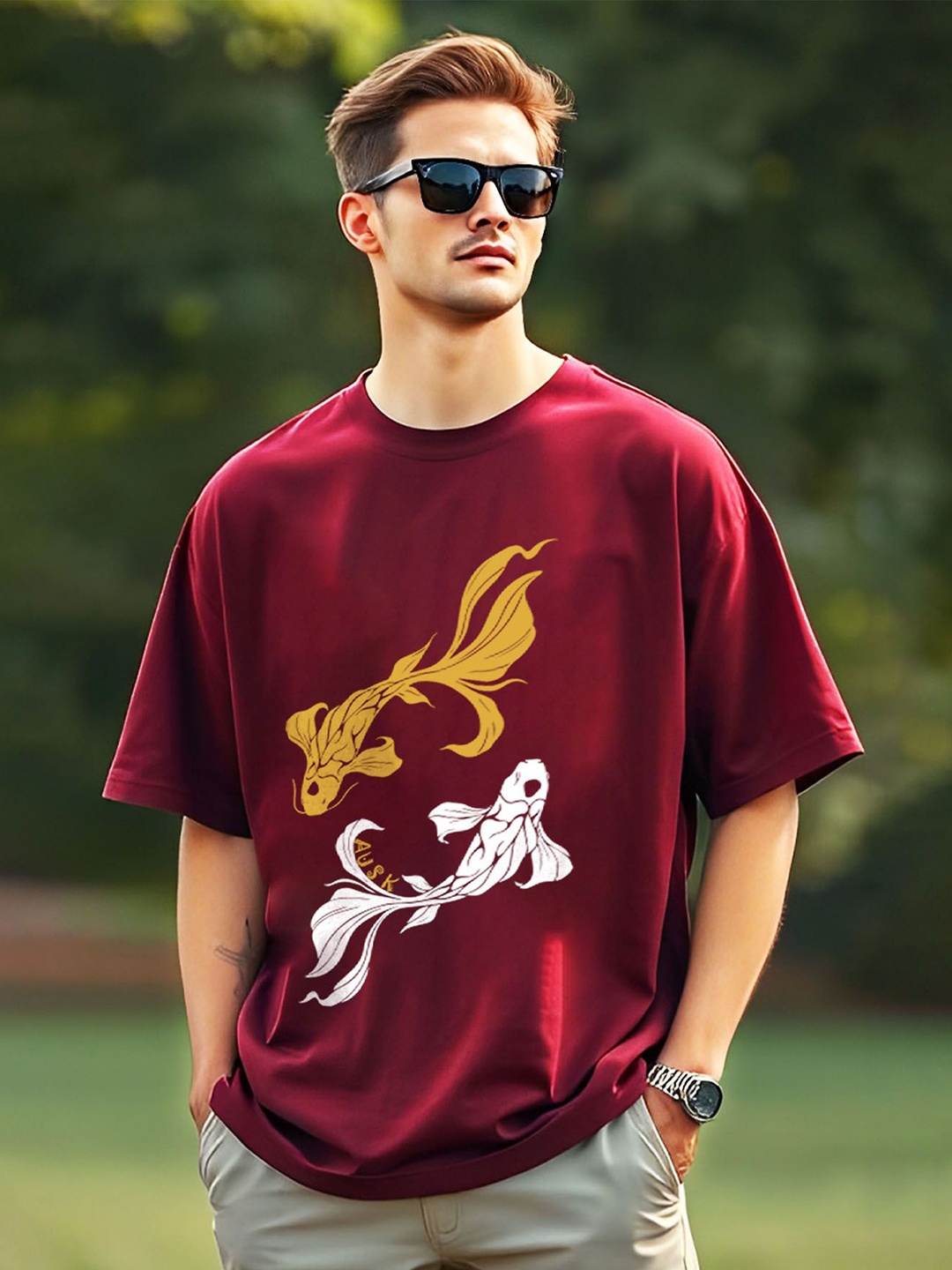 

AUSK Men Printed Drop-Shoulder Sleeves Applique T-shirt, Maroon