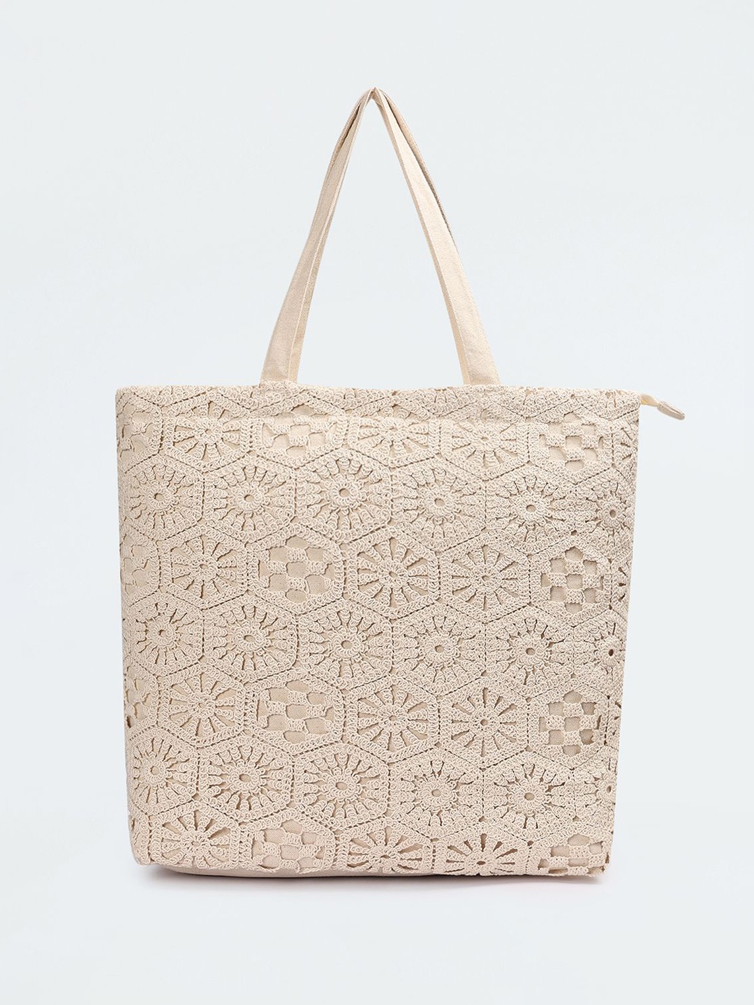 

max Oversized Shopper Tote Bag with Cut Work, Beige