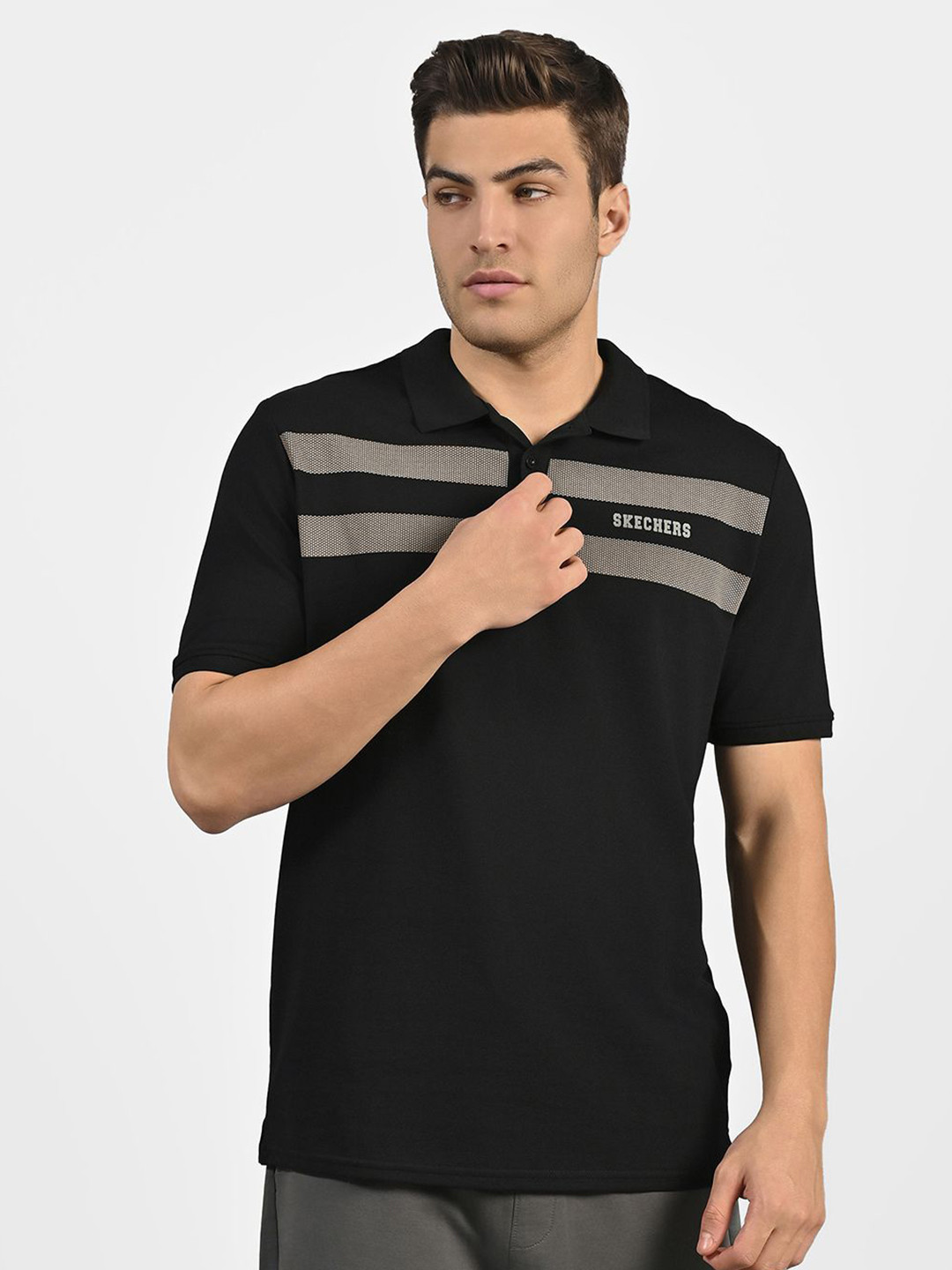 

Skechers Men Branded Double Placket Polo T-Shirt, Black