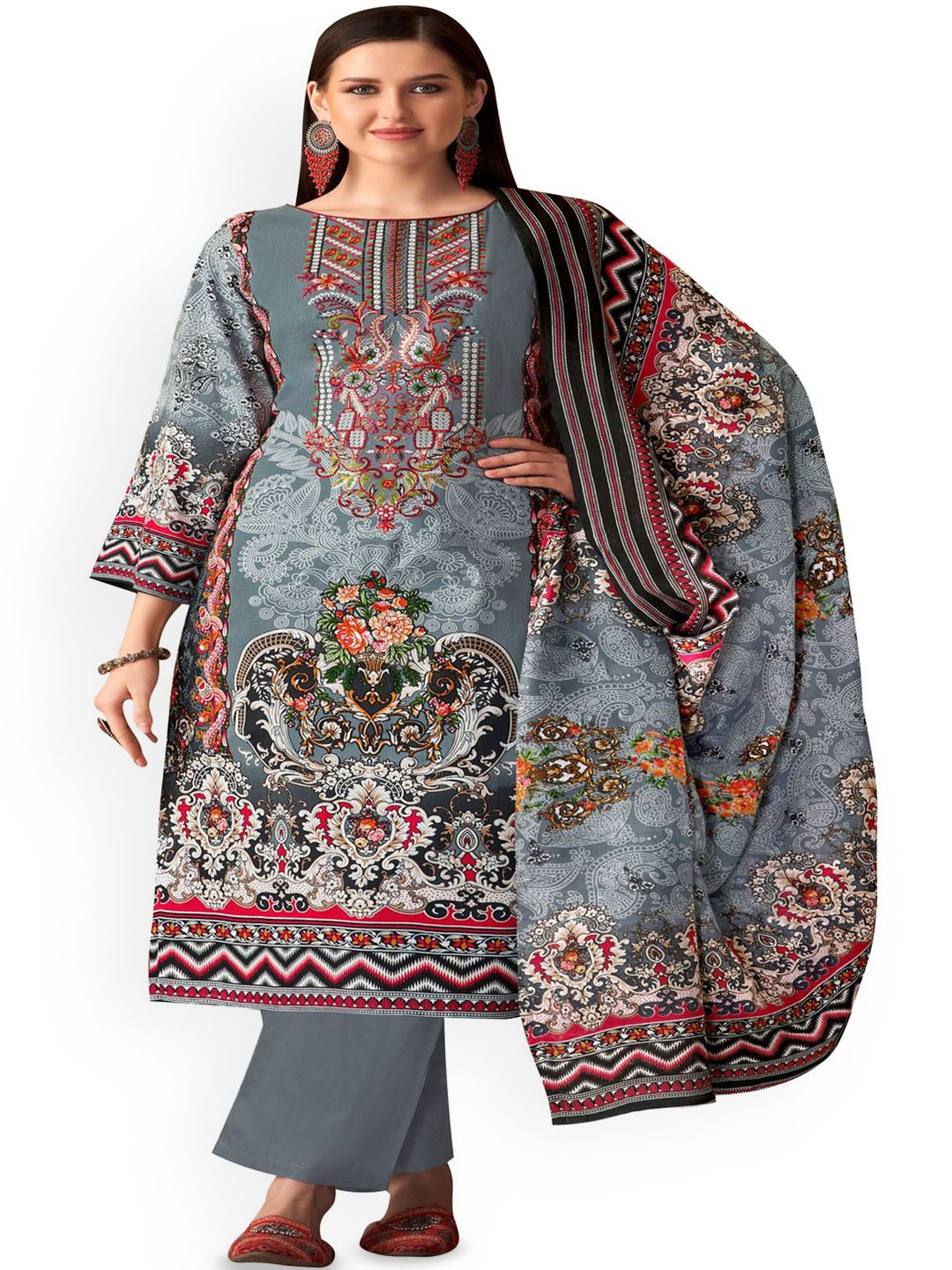 

DRAVINAM Trends Embroidered Viscose Rayon Unstitched Dress Material, Grey