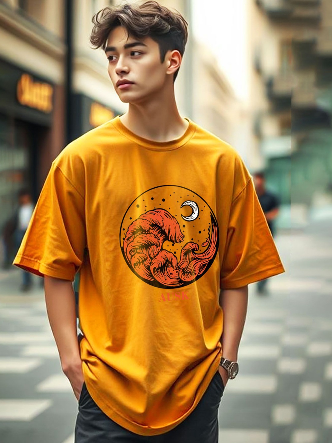 

AUSK Men Printed Applique T-shirt, Yellow