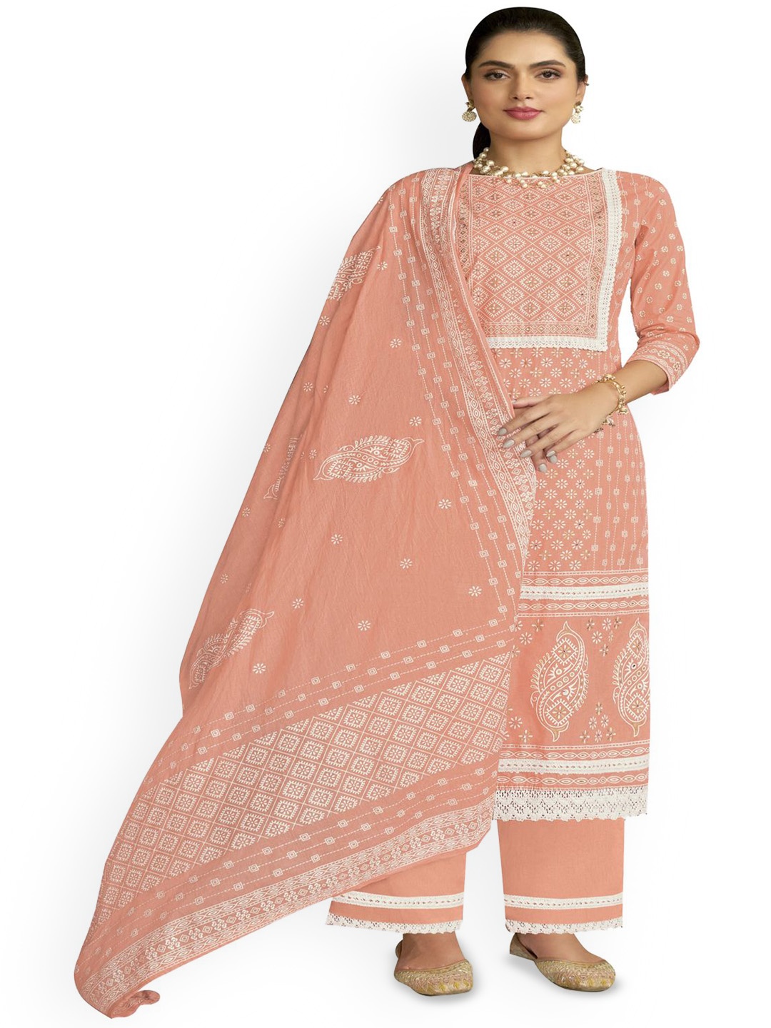 

DRAVINAM Trends Embroidered Pure Cotton Unstitched Dress Material, Peach