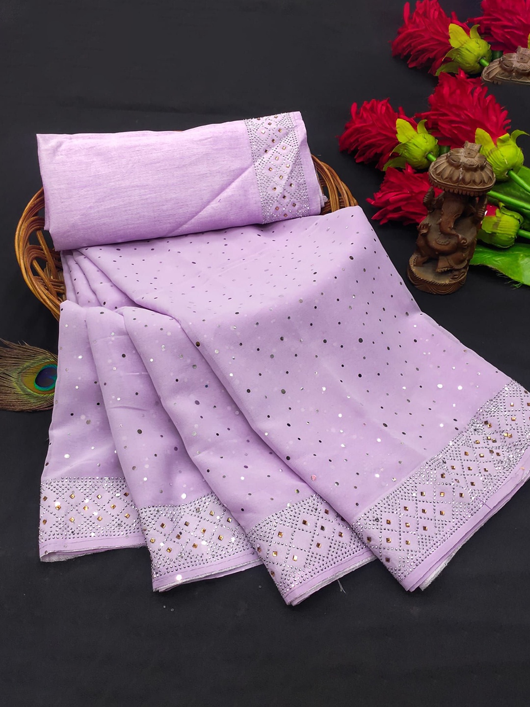 

PAYAL CREATION Embellished Beads and Stones Pure Georgette Saree, Lavender