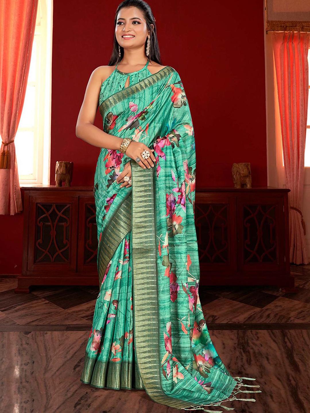 

Saree mall Floral Zari Silk Blend Sungudi Sarees, Green
