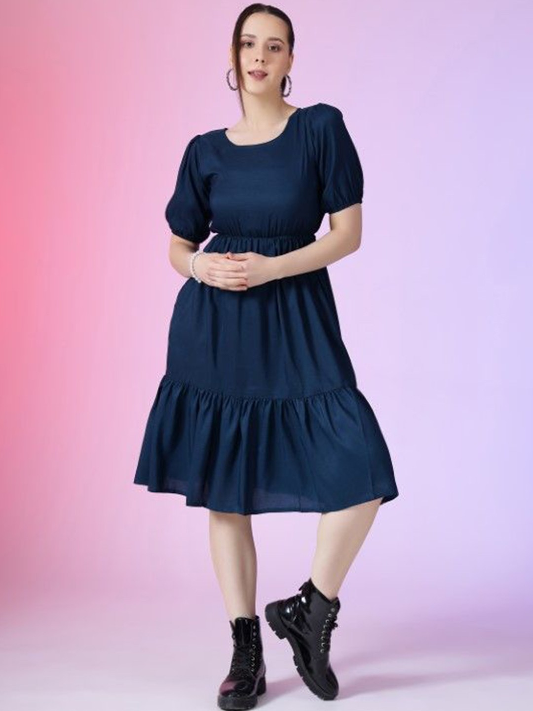 

Jash Creation Puff Sleeve Applique Fit & Flare Dress, Blue