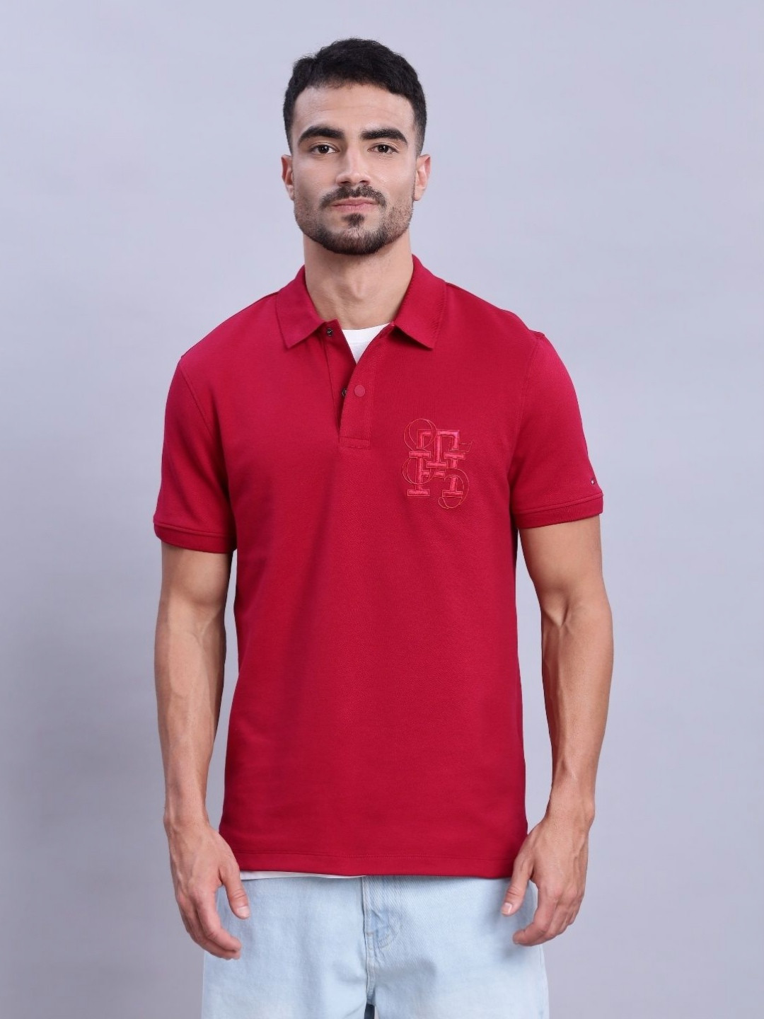 

Tommy Hilfiger Men Brand Logo Printed Polo Collar T-shirt, Red