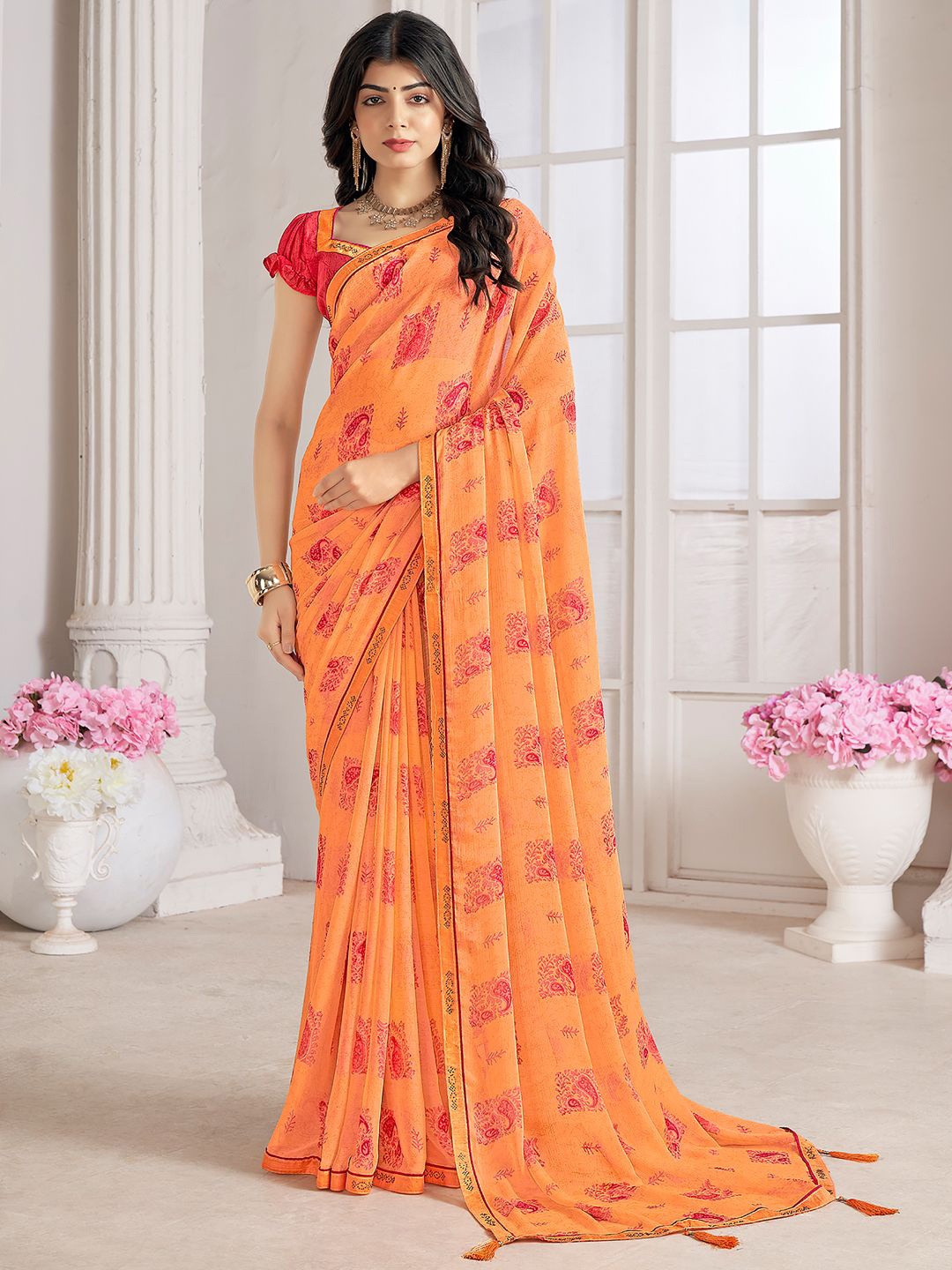 

LeeliPeeri Designer Ethnic Motifs Beads and Stones Poly Chiffon Saree, Orange
