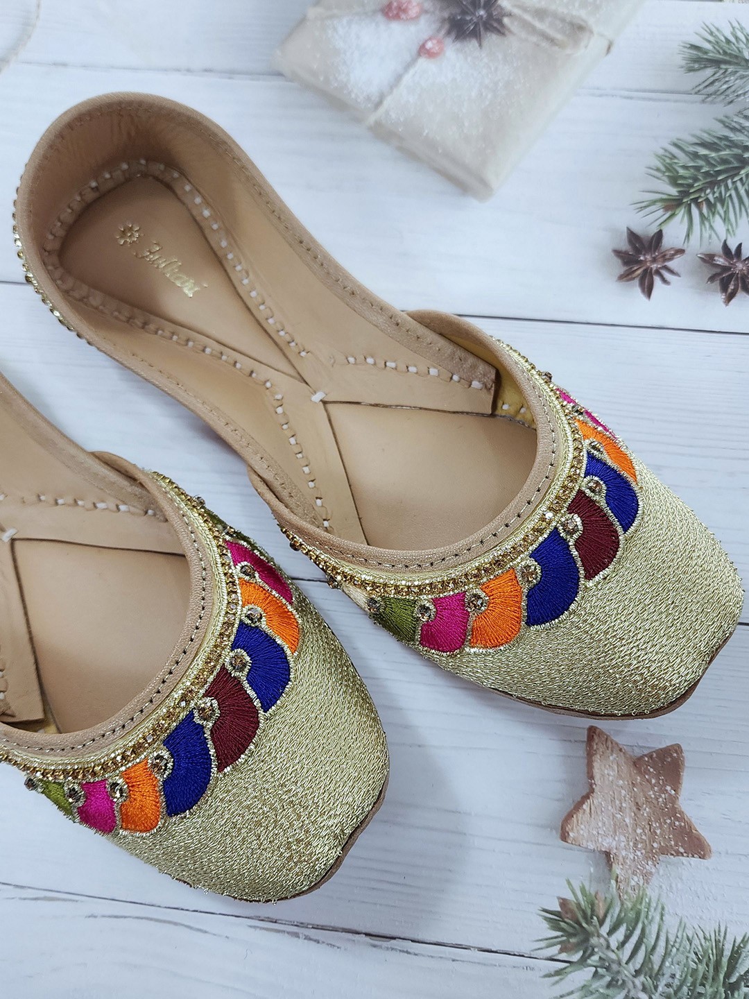 

Fulkari Women Embellished Ethnic Mojaris Flats, Gold