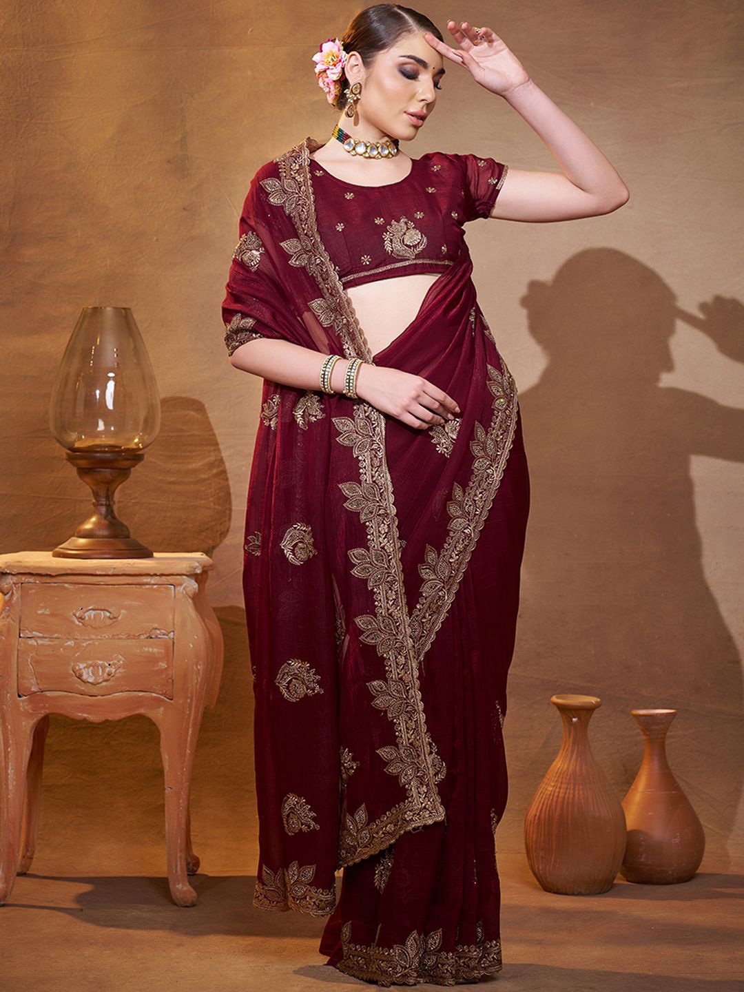 

modeva Ethnic Motifs Embroidered Pure Chiffon Saree, Maroon