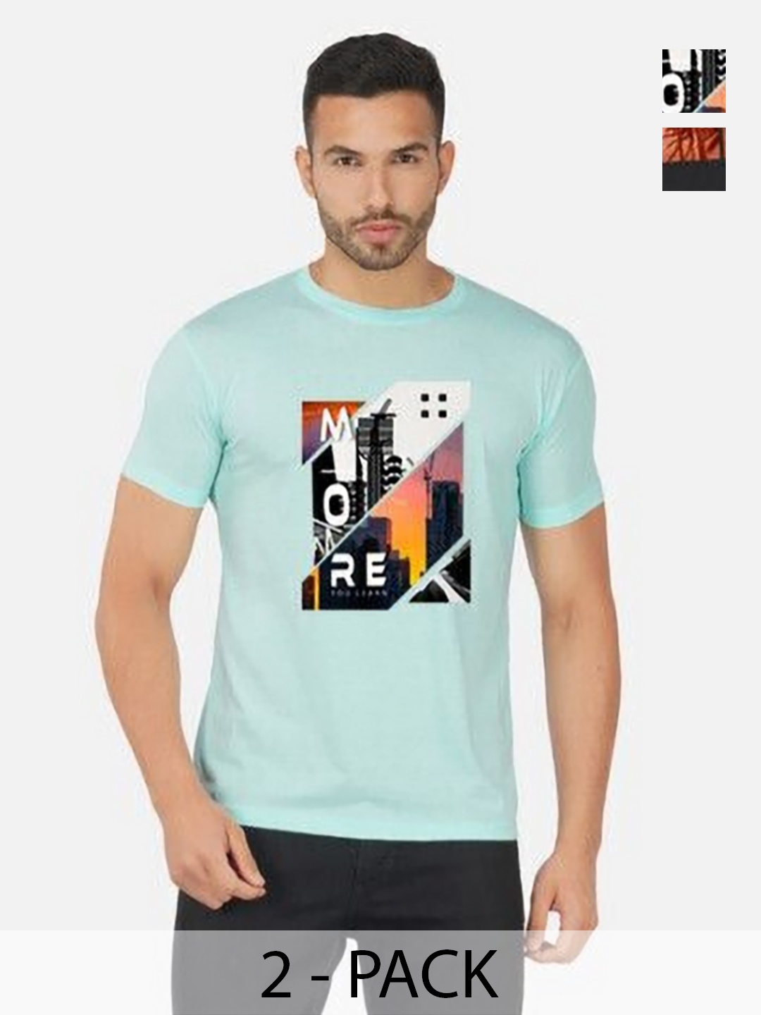 

GLOBAL NOMAD Men 2 Printed Bio Finish Applique T-shirt, Turquoise blue