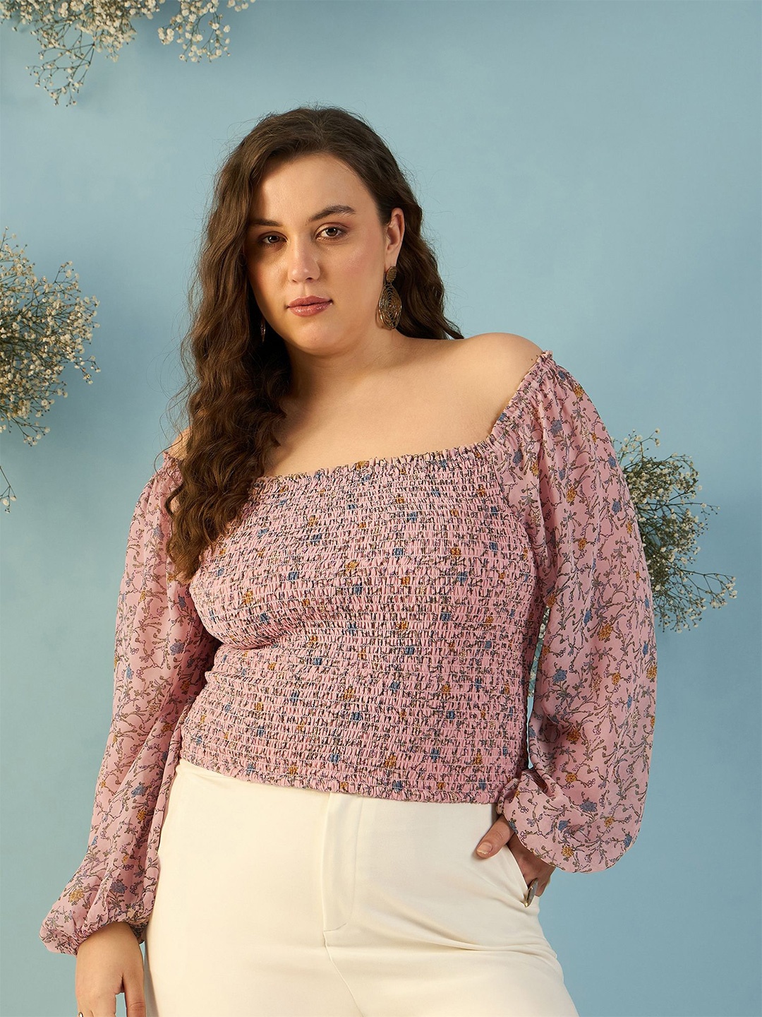 

KIBO CURVE Floral Print Off-Shoulder Puff Sleeve Georgette Bardot Top, Peach