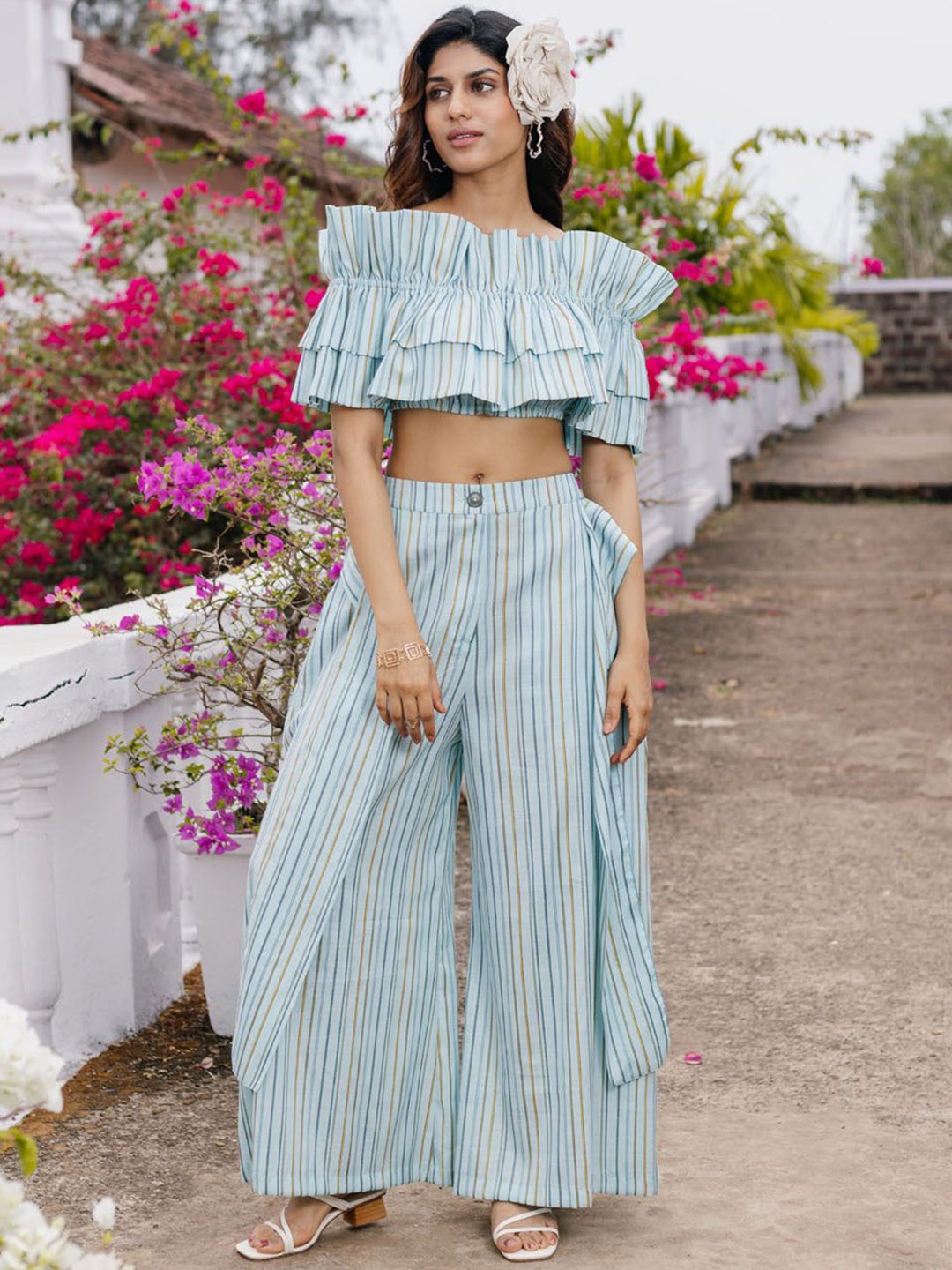 

HOUSE OF FETT Striped Off Shoulder Neck Cotton Top With Trousers Co-Ords, Blue