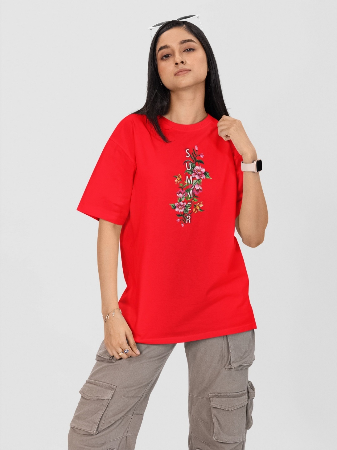 

Moda Rapido Women Printed Drop-Shoulder Sleeves Applique T-shirt, Red