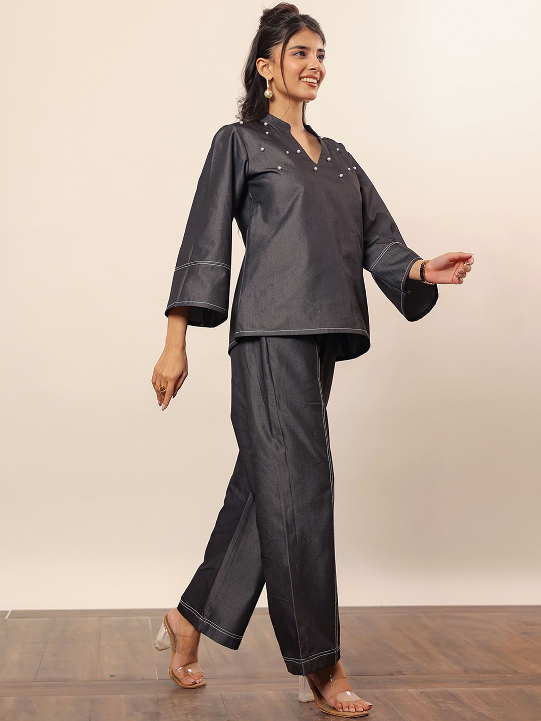 

KAORI BY SHREYA AGARWAL Denim Pure Cotton Shirt & Trousers Co-Ords, Black