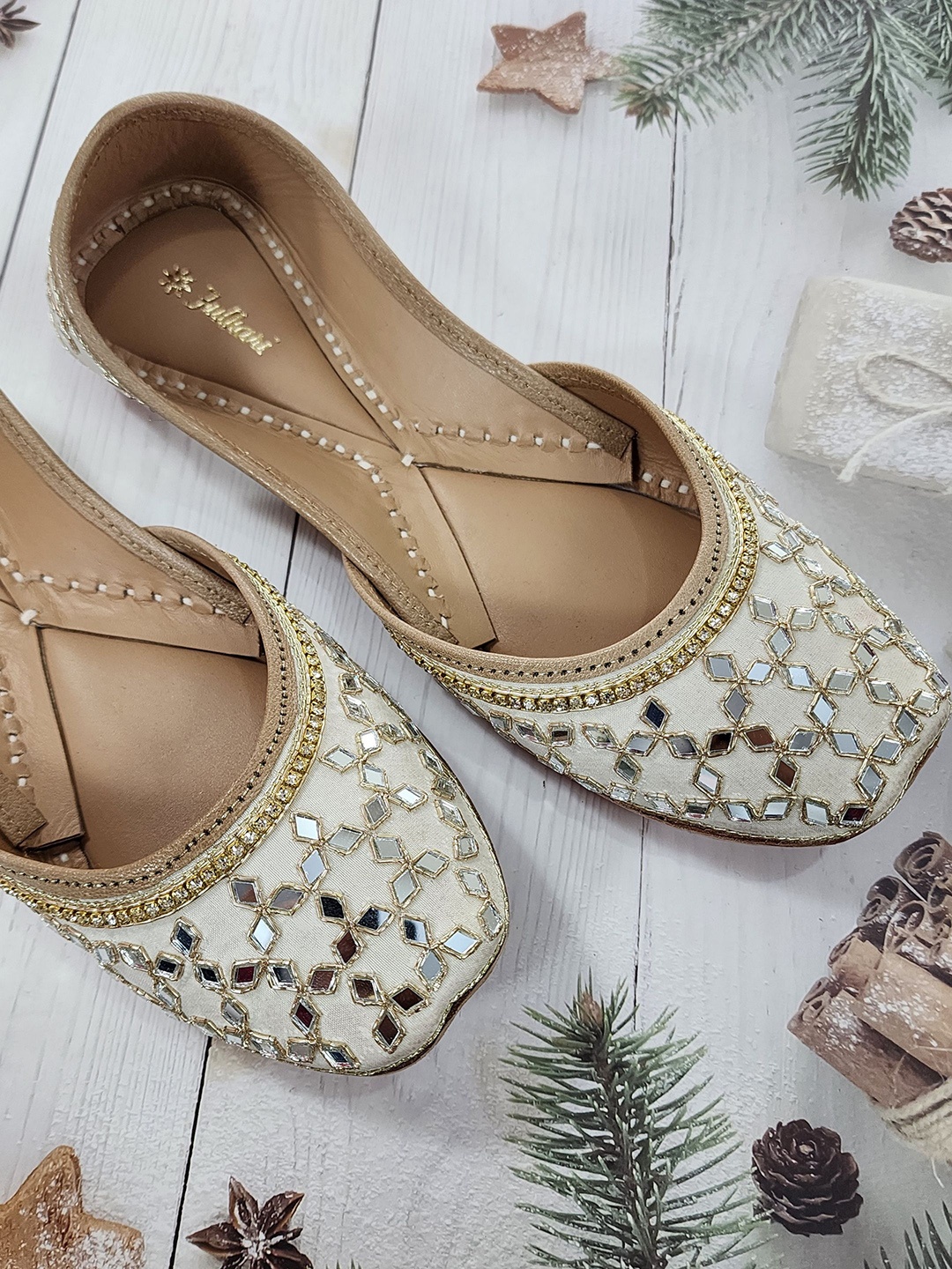 

Fulkari Women Embellished Ethnic Mojaris Flats, Beige