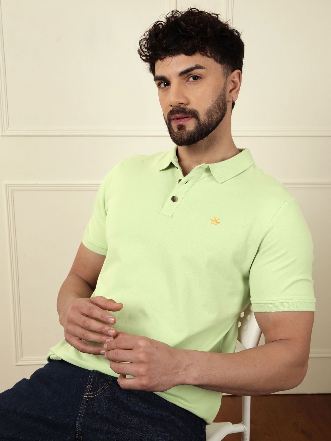 

WROGN Men Polo Collar Applique Slim Fit T-shirt, Green