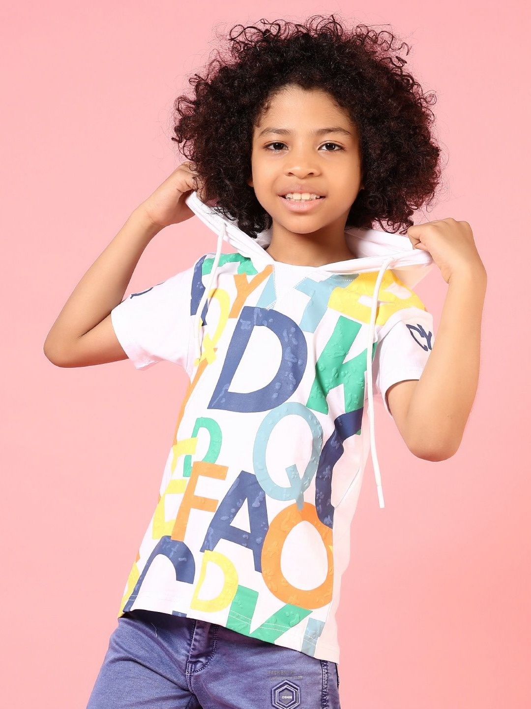 

V-Mart Boys Printed Hooded Extended Sleeves Pockets T-shirt, White