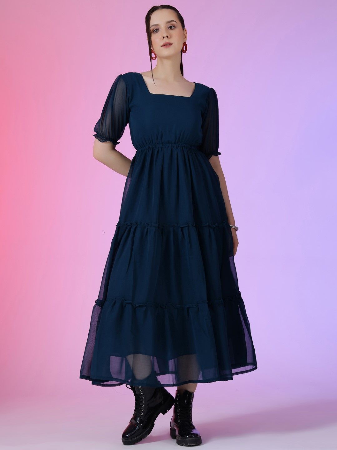 

Raiyani Fashion Bell Sleeve Applique Georgette Fit & Flare Maxi Dress, Blue