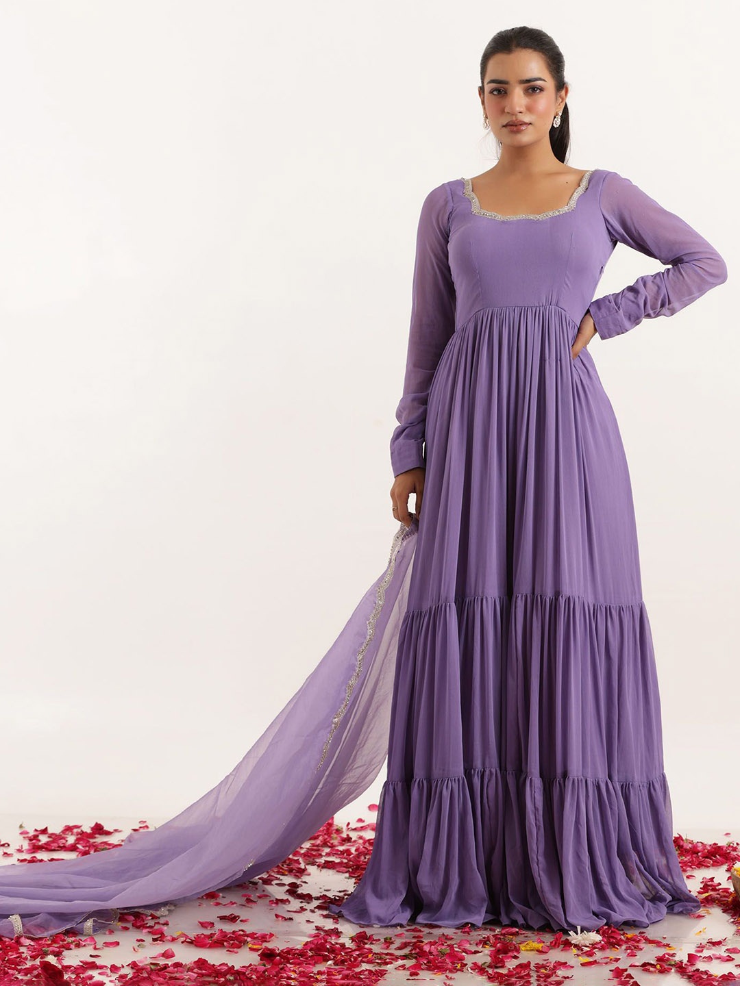

DEASHA INDIA Women Tiered Sequinned Kurta with Trousers & With Dupatta, Lavender