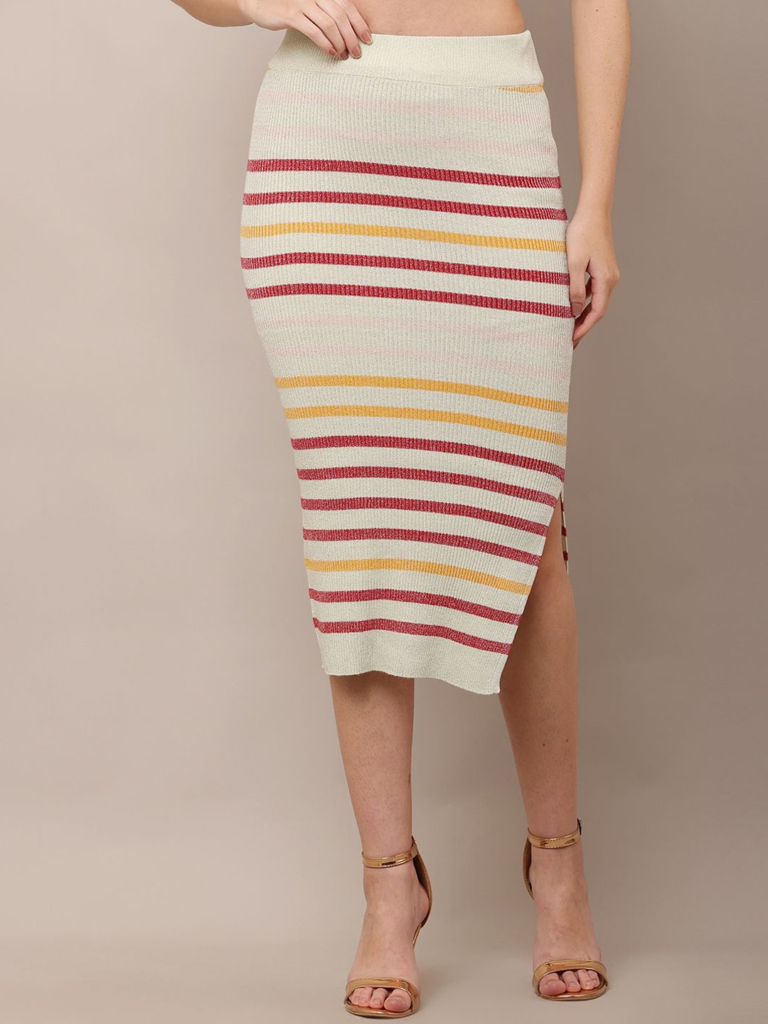 

NoBarr Striped A-Line Midi Skirt, White