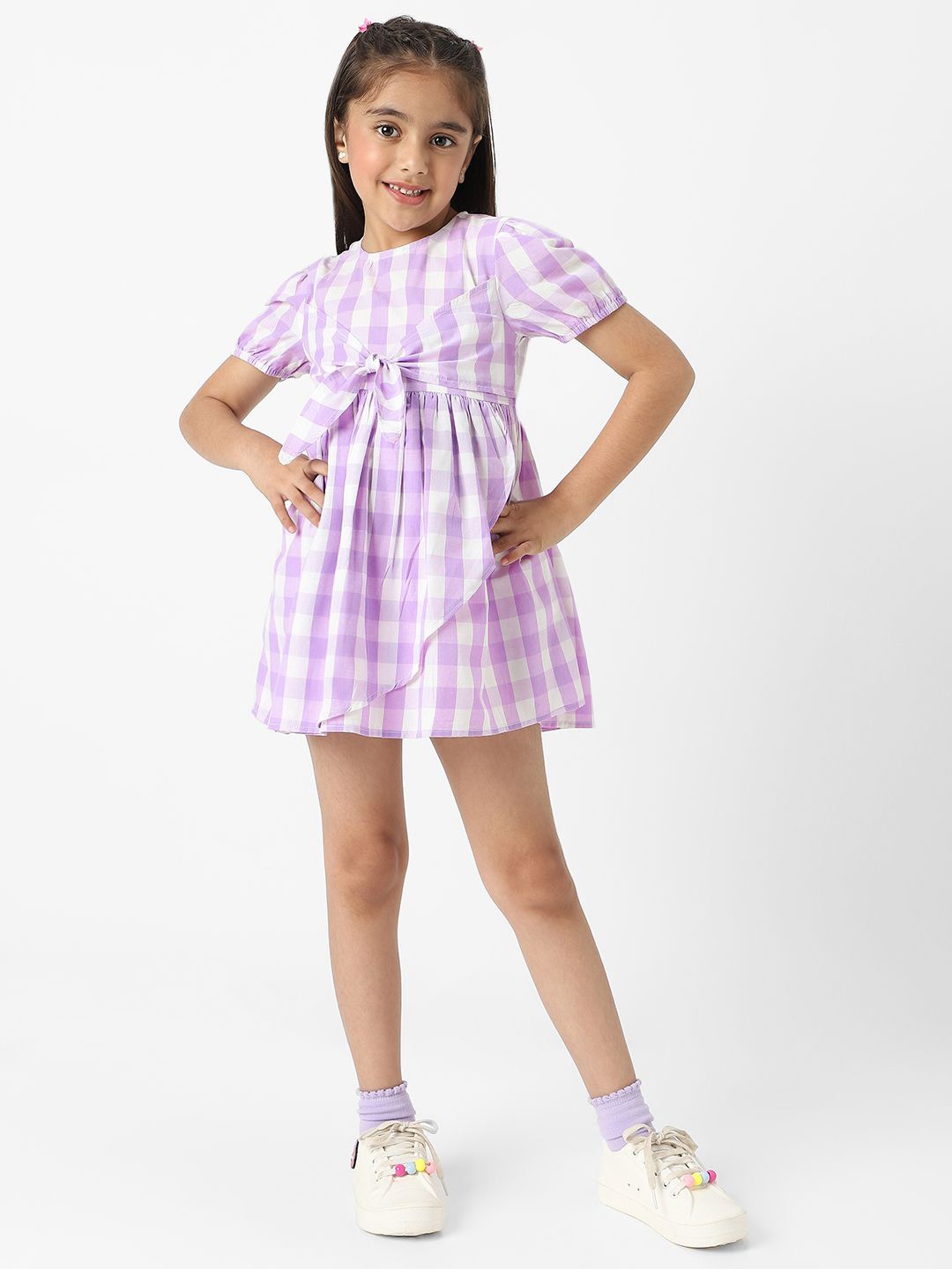 

Nauti Nati Checked Puff Sleeve Fit & Flare Dress, Lavender