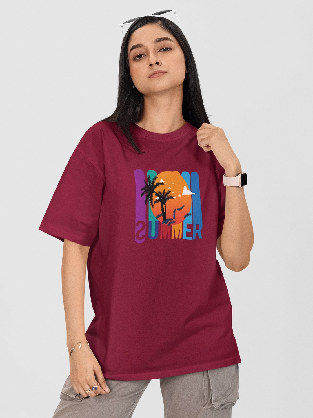 

Moda Rapido Women Printed Drop-Shoulder Sleeves Pockets T-shirt, Maroon