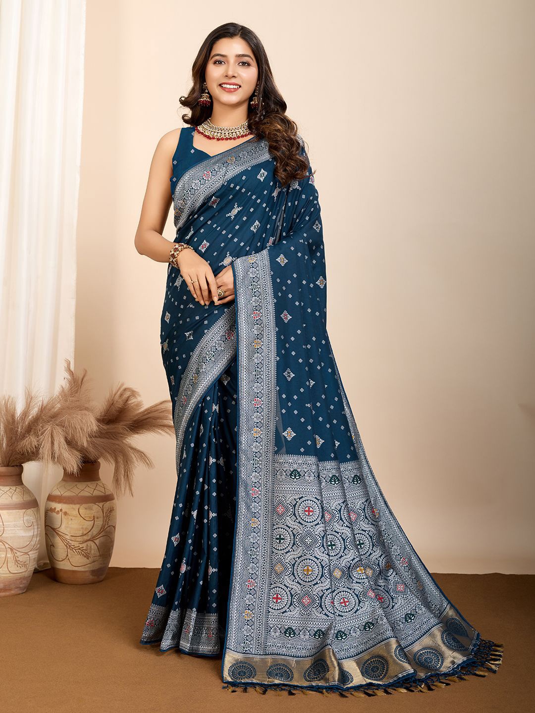 

Rangtulika Ethnics Kalamkari Zari Pure Silk Saree, Blue