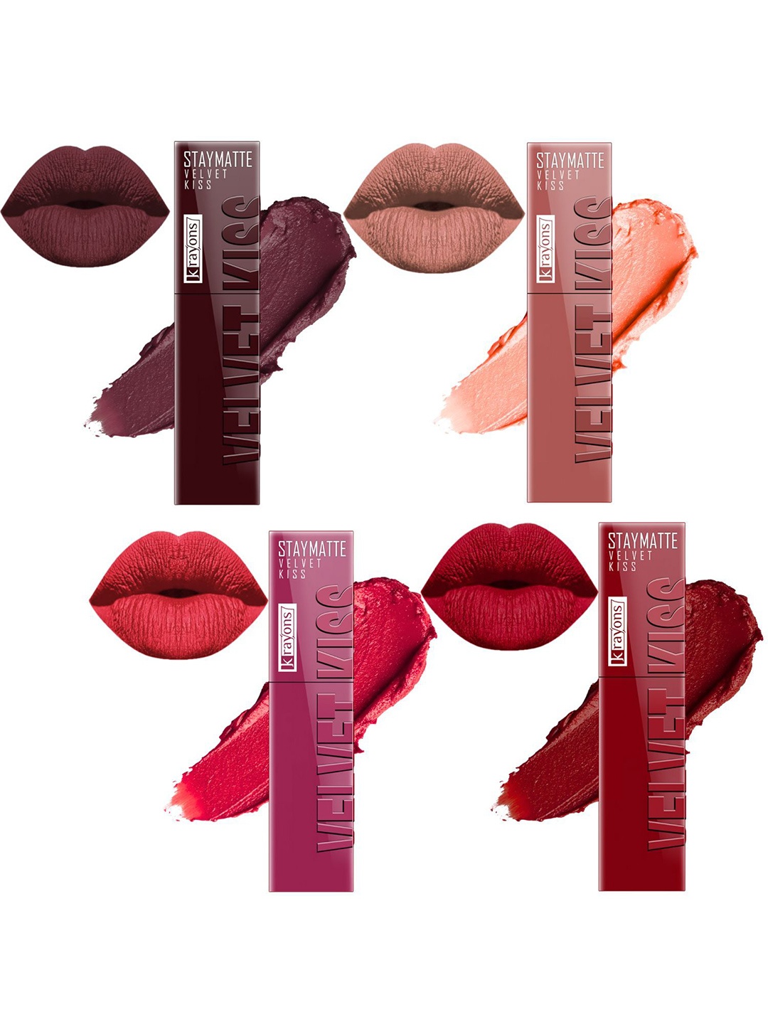 

krayons Velvet Kiss Set Of 4 Liquid Lipstick - 3.5 ml Each Shade 02-05-08-12, Maroon