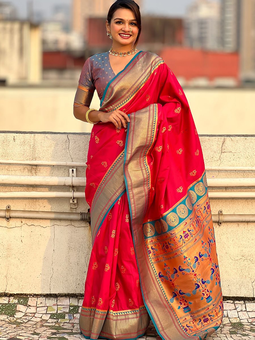 

all about you Woven Design Zari Silk Blend Paithani Saree, Pink