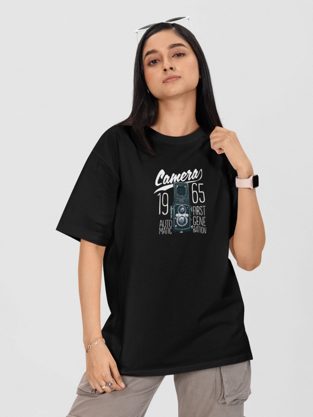

Moda Rapido Women Printed Drop-Shoulder Sleeves Applique T-shirt, Black