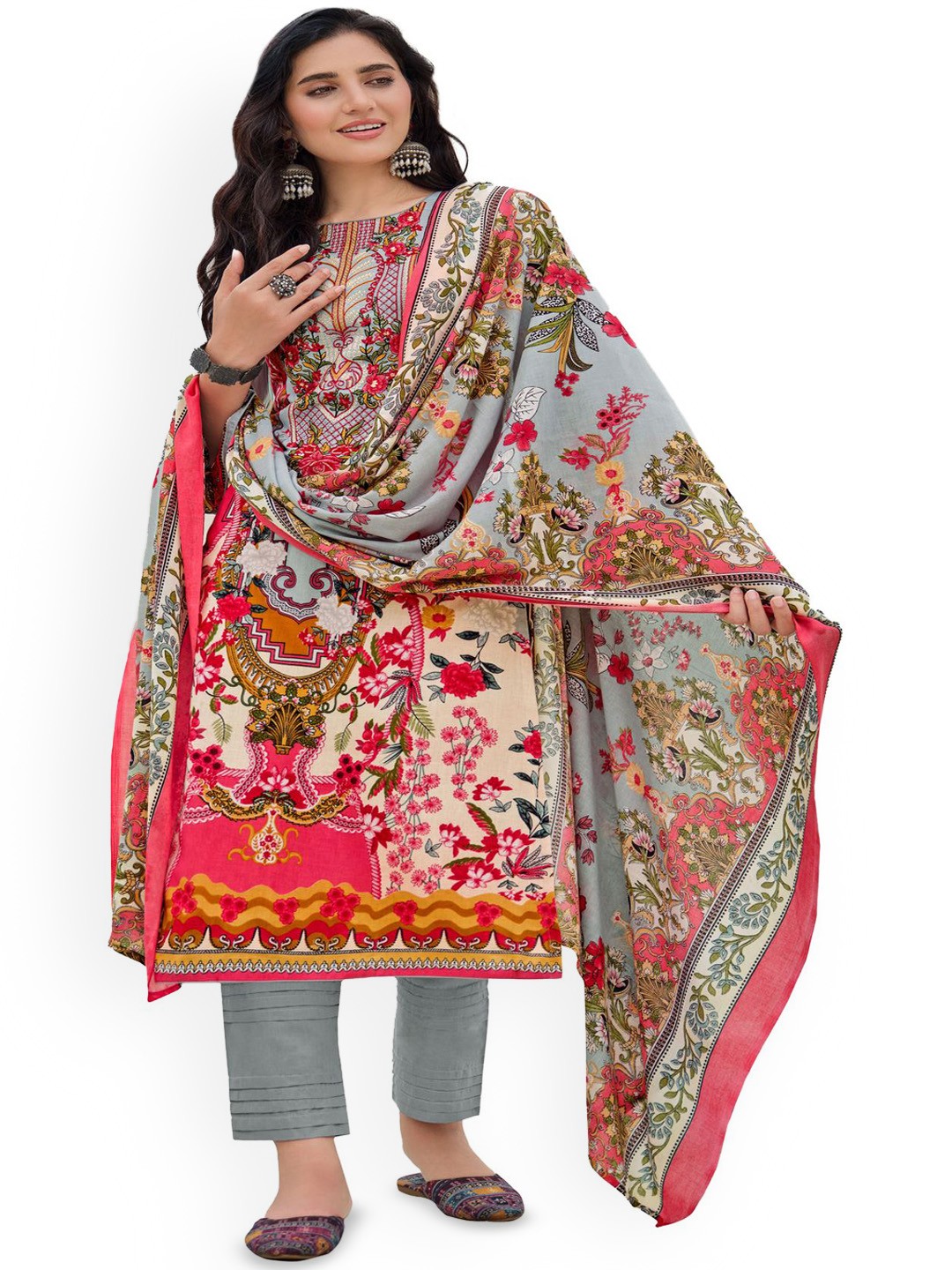 

DRAVINAM Trends Embroidered Pure Cotton Unstitched Dress Material, Grey