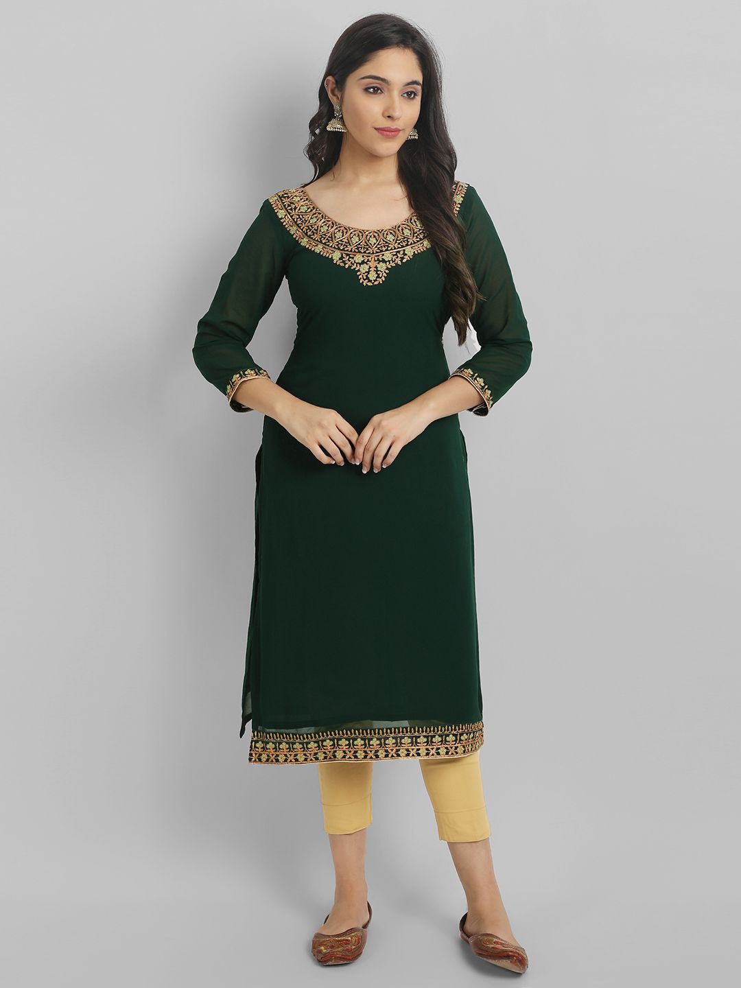 

Jash Creation Ethnic Motifs Yoke Design Thread Work Georgette Kurta, Green