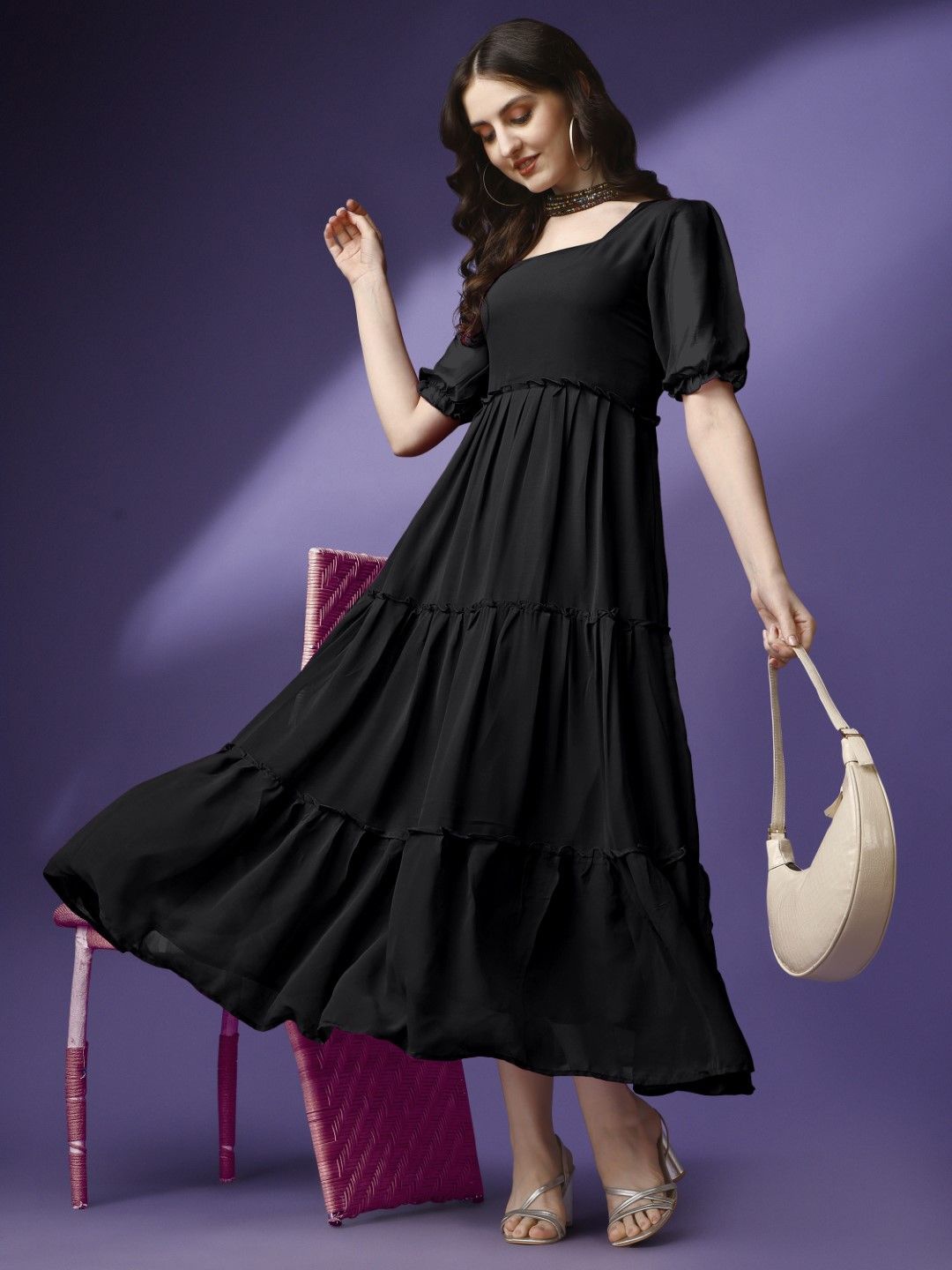 

Raiyani Fashion Bell Sleeve Applique Georgette Fit & Flare Maxi Dress, Black