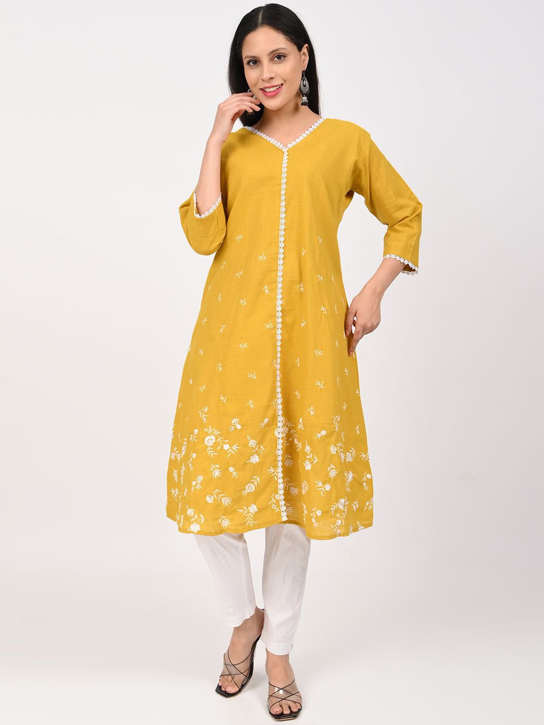 

GLORY & I Women Embroidered Thread Work Floral Kurta, Mustard