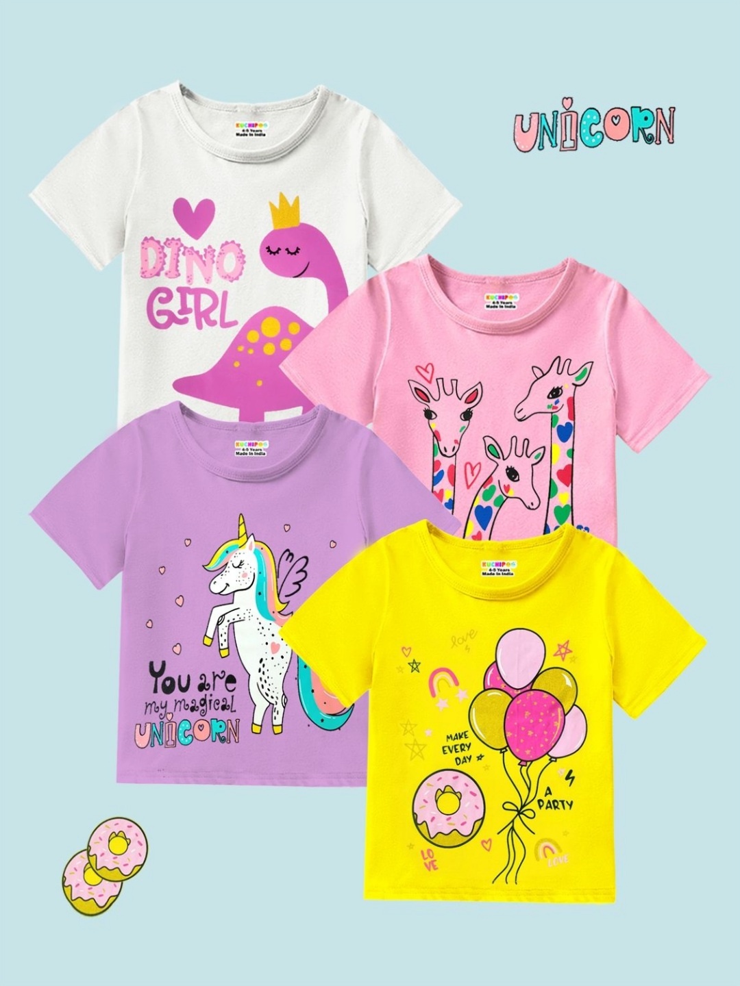 

KUCHIPOO Girls 4 Printed Applique T-shirt, Multi