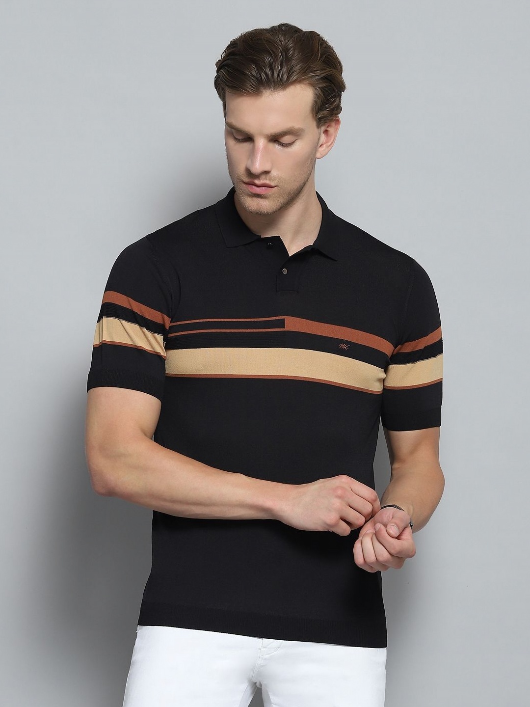

Monte Carlo Men Polo Collar Linen Pockets T-shirt, Black