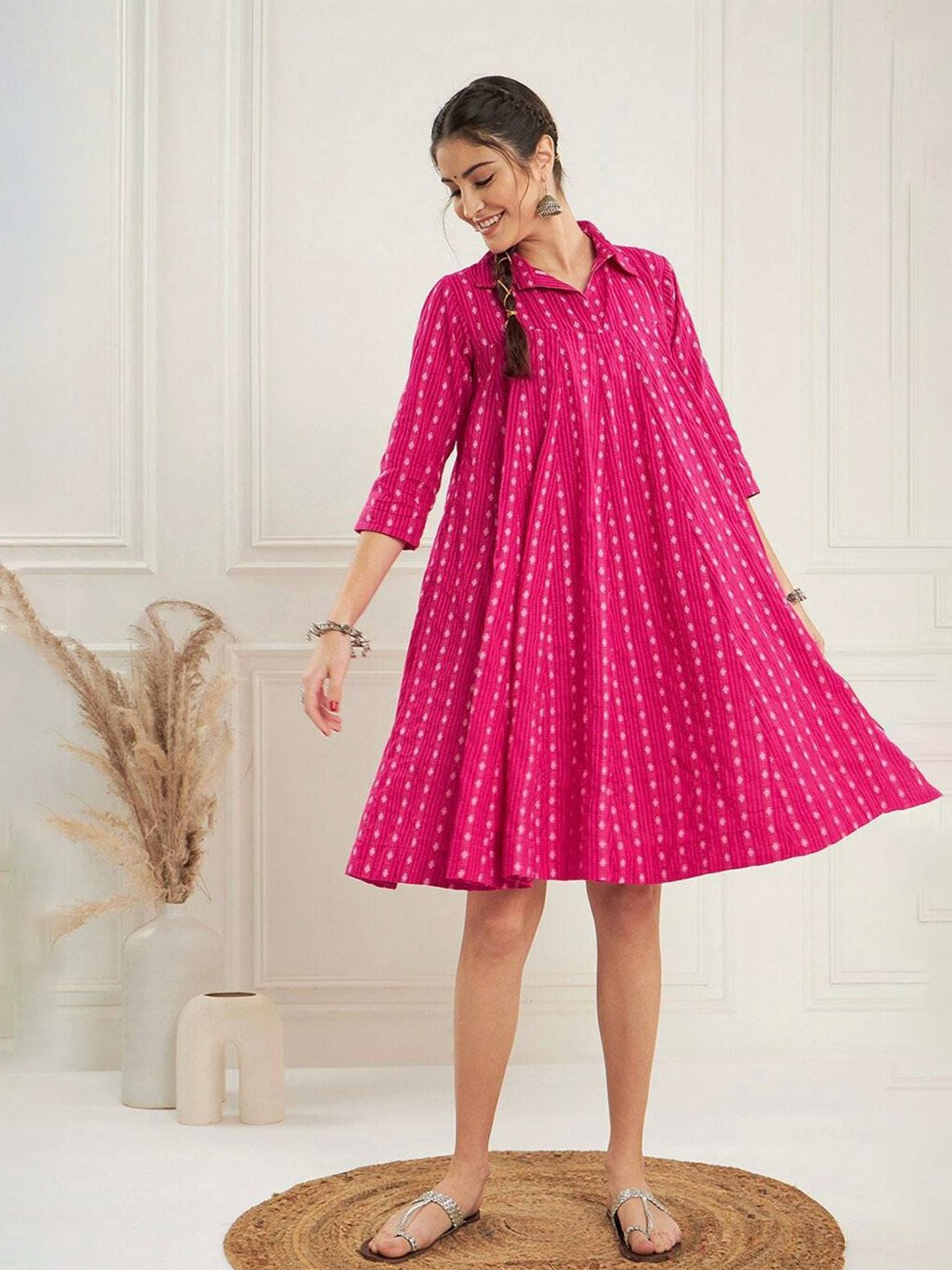 

Rasrainaa Floral Print A-Line Dress, Pink