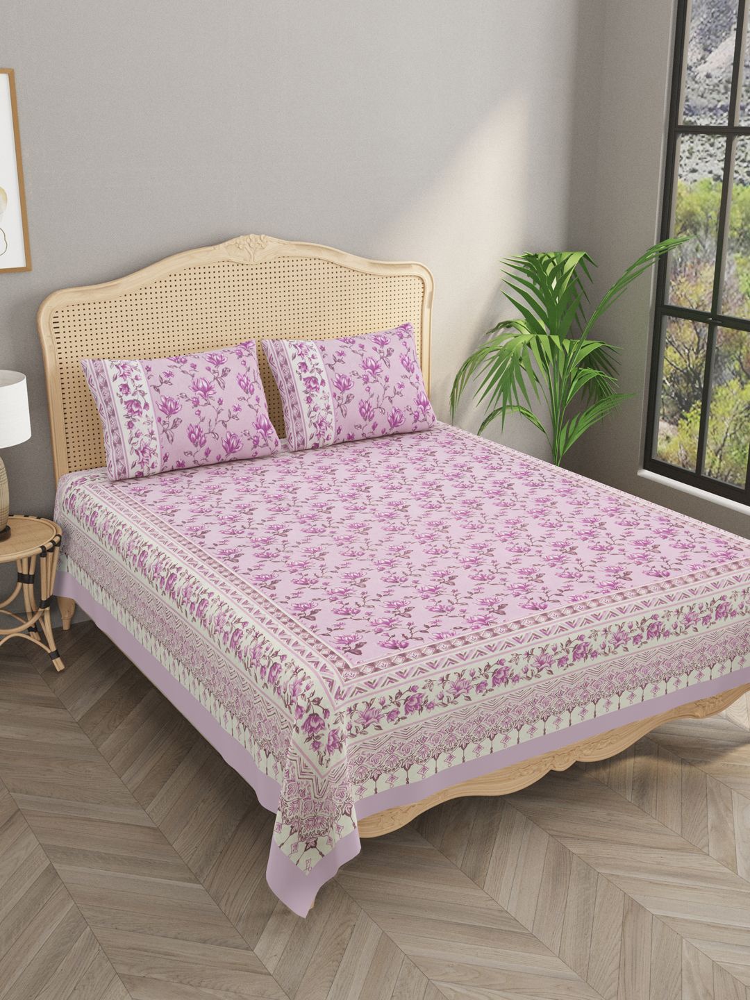 

Gulaab Jaipur Purple & White Floral 400 TC King Bedsheet with 2 Pillow Covers