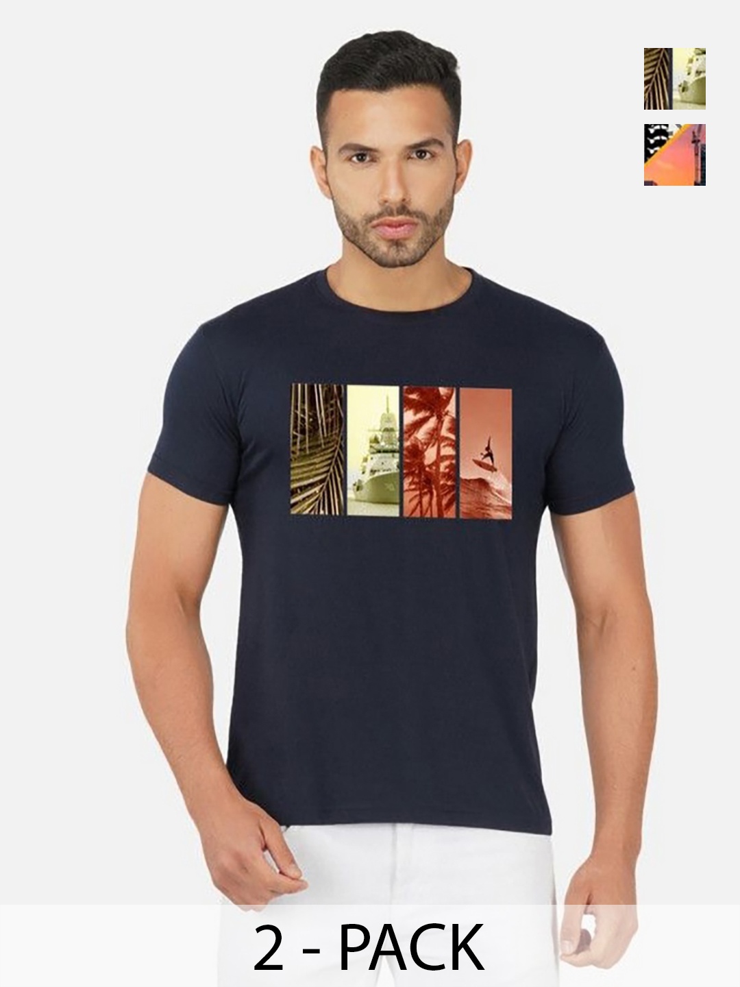 

GLOBAL NOMAD Men 2 Printed Bio Finish Applique T-shirt, Navy blue