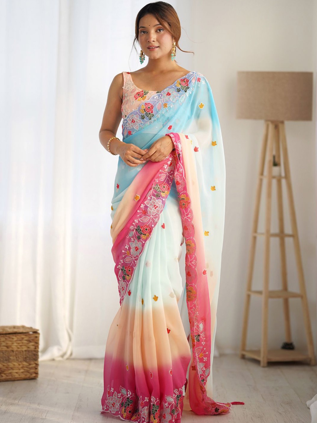 

LeeliPeeri Designer Floral Sequinned Poly Georgette Saree, Blue