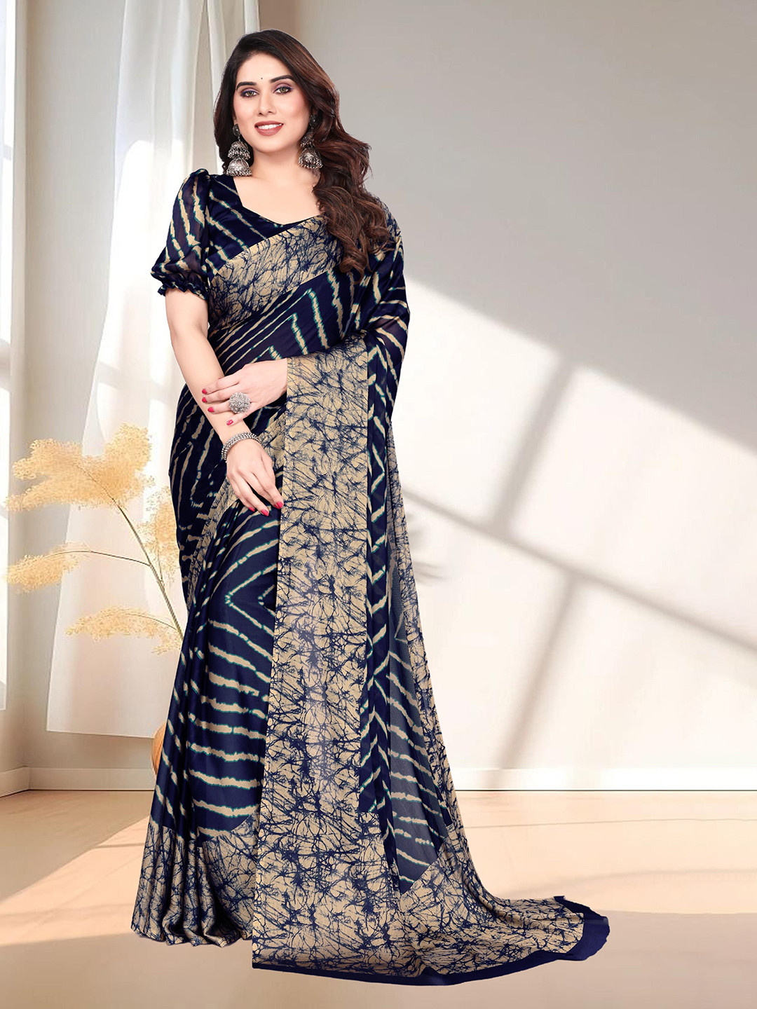 

SUPERLAXMI Leheriya Pure Chiffon Leheriya Saree, Navy blue